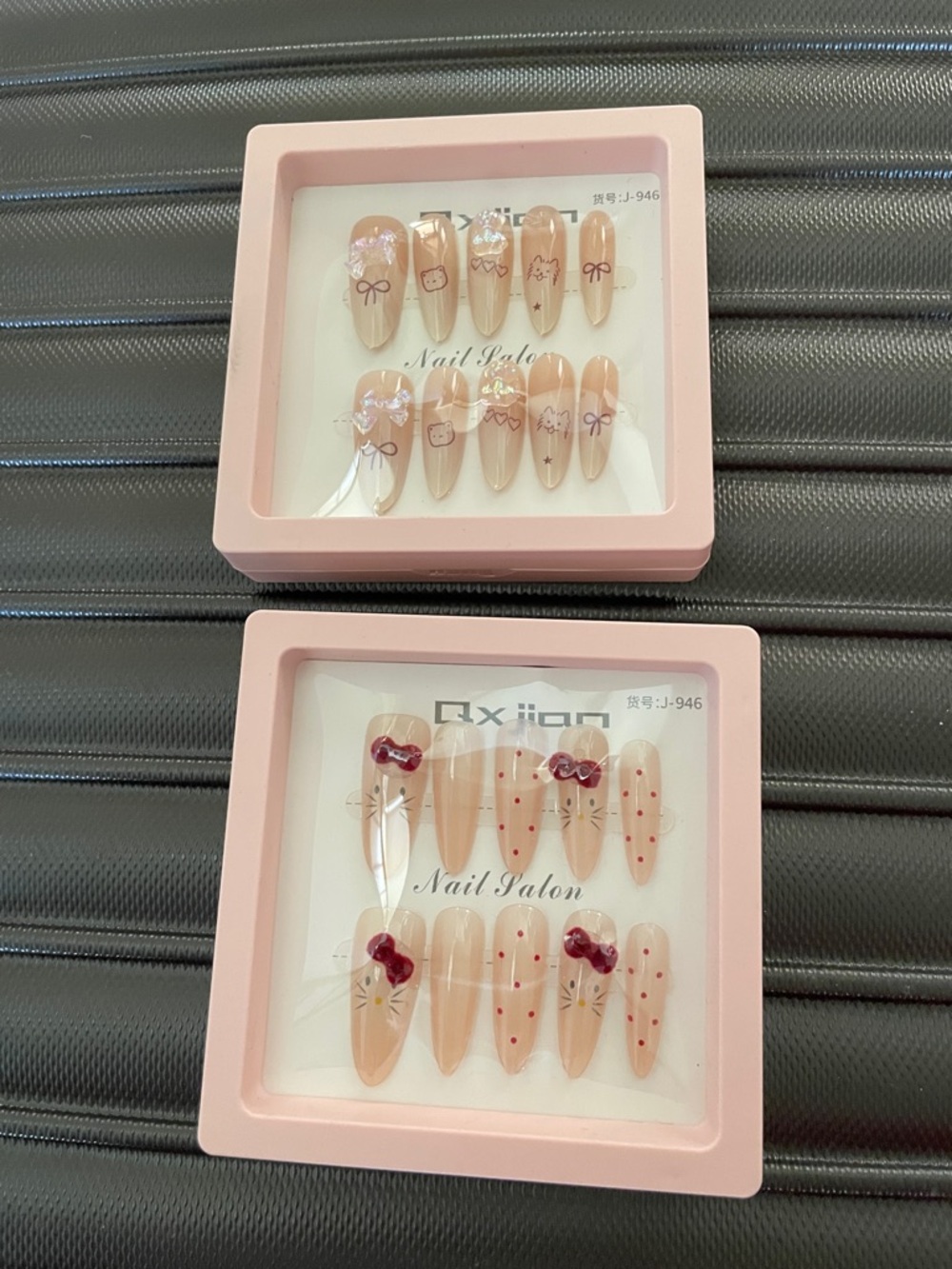 2 NEW Nude Pink Press-On gel Nail Set with Bows and Hearts and kitty